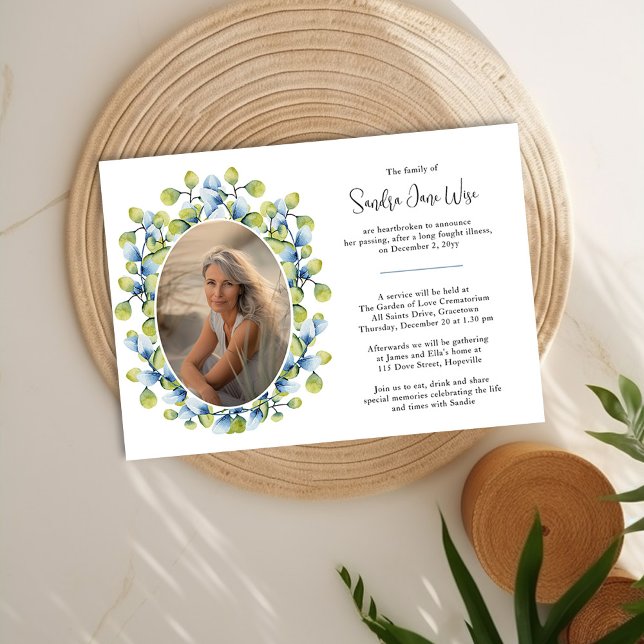 Aquarellgrün Foto Todesanzeige und Beerdigung Einladung (Death Announcement and Funeral Invitation with photo framed with greenery by Darling & May)