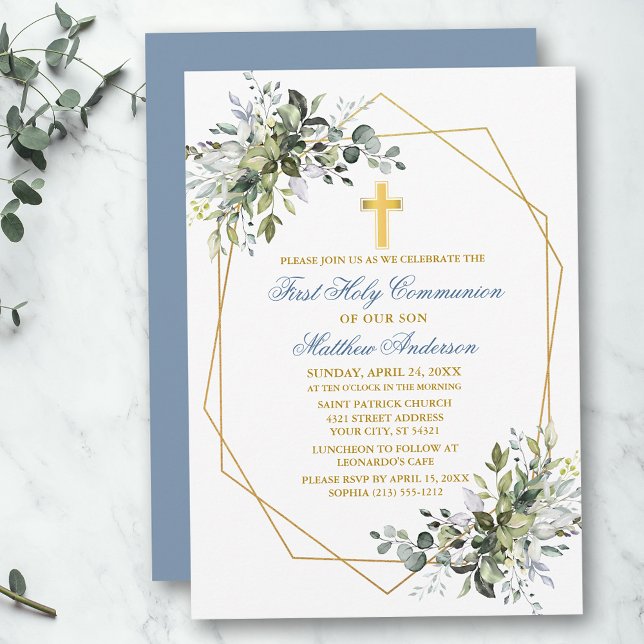 Aquarellgrün Geo Frame Dusty Blue Communion Einladung (Customize to change text color, size, style or to change color of back of card.)