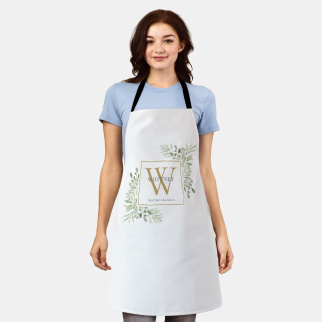 Aquarellgrün Gold Monogram Schürze (Getragen)