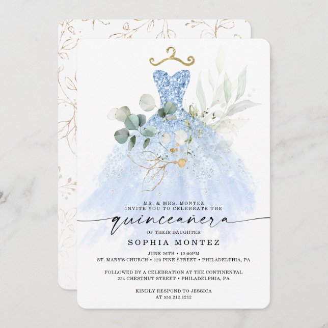 Aquarellgrün Gold Quinceñera Birthday Invi Einladung (Vorne/Hinten)