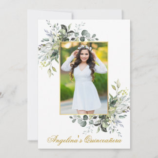 Aquarellgrün Gold Rahmen Foto Quinceanera Einladung