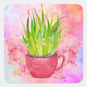 Aquarellgrün mit rosa Spitzen Sukkuline Quadratischer Aufkleber