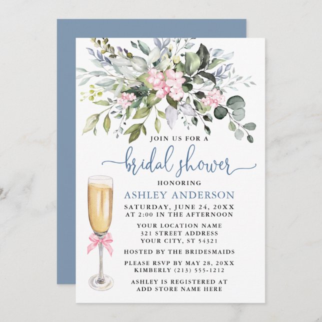 Aquarellgrün Pink Dusty Blue Brautparty Einladung (Vorne/Hinten)