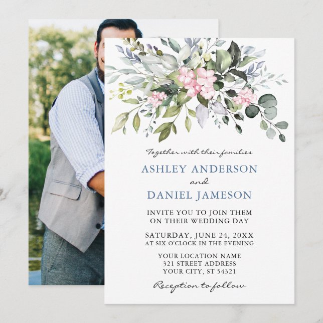 Aquarellgrün Pink Dusty Blue Foto Wedding Einladung (Vorne/Hinten)