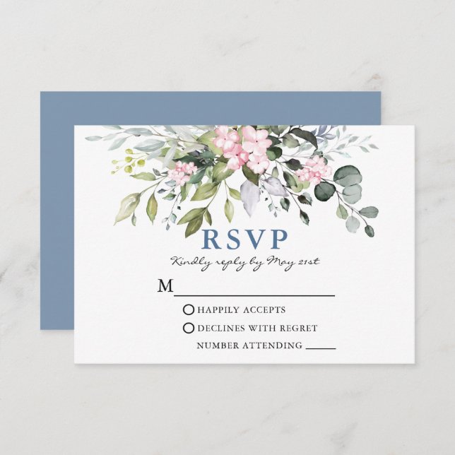 Aquarellgrün Pink Dusty Blue Wedding RSVP Karte (Vorne/Hinten)