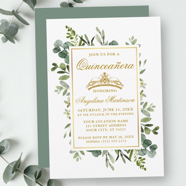Aquarellgrün Quinceanera Gold Sage Green Einladung (Customize to change text color, style, add text & photos to back or change color of back of card.)