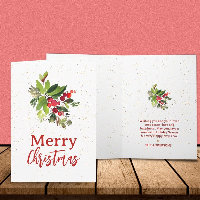 Aquarellgrün & Rote Berries Frohe Weihnachten (Watercolor Greenery & Red Berries Merry Christmas Note Card)