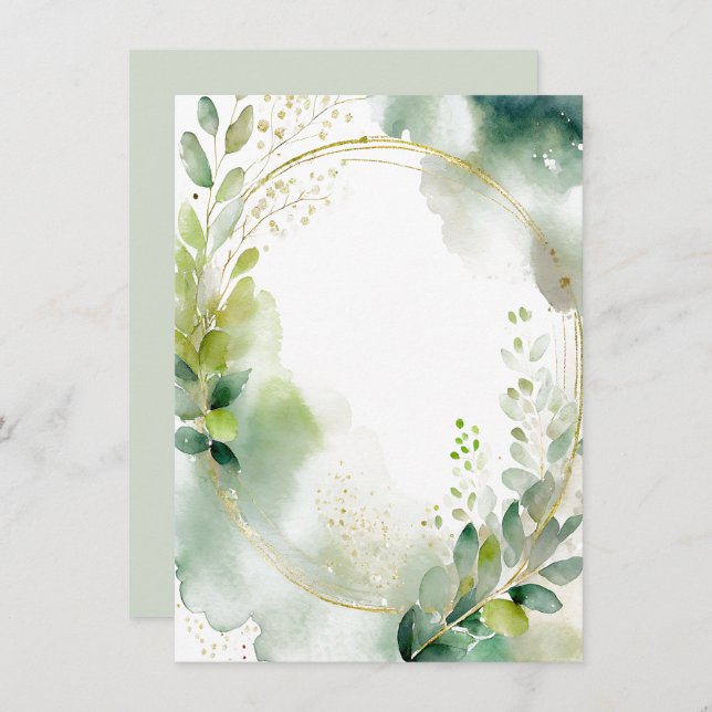 Aquarellgrün und Goldblanke Hochzeit Einladung (Vorne/Hinten)