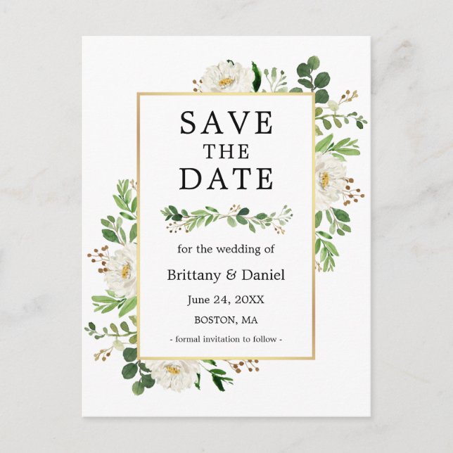 Aquarellgrün Weiße Blüte Save the Date Postkarte (Vorderseite)