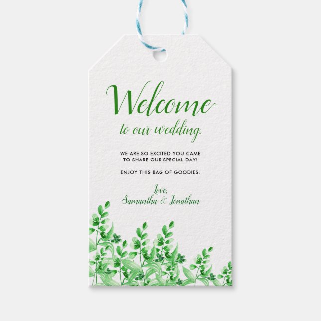 Aquarellgrün Willkommen bei unserer Hochzeit Geschenkanhänger (Vorderseite)