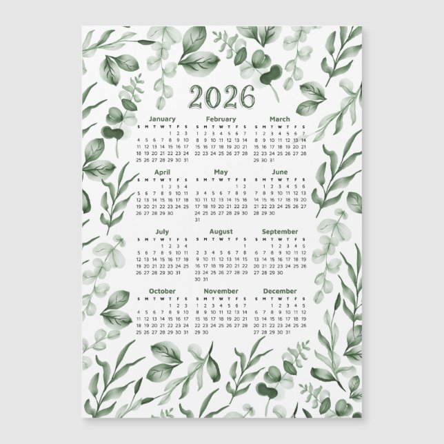 Aquarellgrüne Blätter 2026 - Kalender Magnetkarte (Vorderseite)