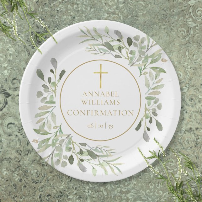 Aquarellgrüne Blumengoldbestätigung Pappteller (Watercolor Greenery Floral Gold Confirmation Paper Plates)