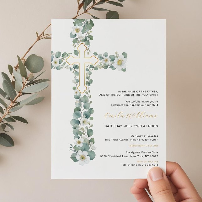 Aquarellgrüne Blütenblüte Taufe Einladung (Foliage Gold Cross Baptism Invitation)