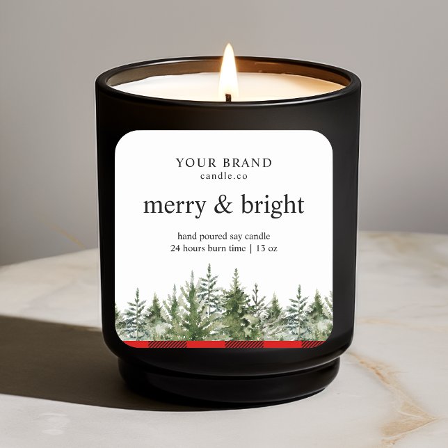 "Aquarellgrüne Pine Tree & Red Buffalo Kariert Quadratischer Aufkleber (Von Creator hochgeladen)