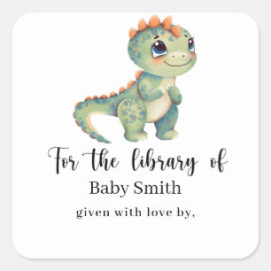 Aquarellgrüner Dinosaurier Babyduschbibliothek Quadratischer Aufkleber