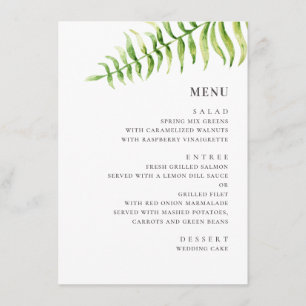 Aquarellgrüner Farn. Botanische Hochzeit im Grünen Menükarte