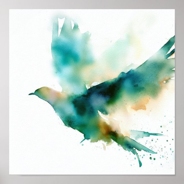 Aquarellgrüner Vogel in Flugkunstposter Poster (Vorne)