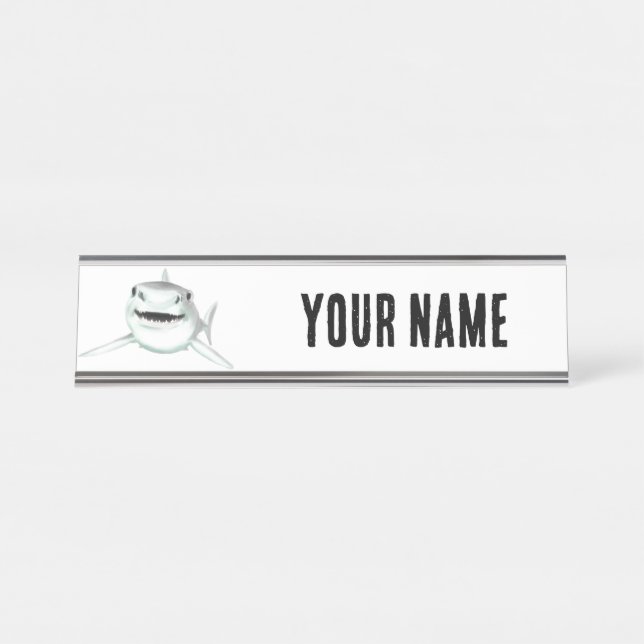 Aquarellhai lächelndes graugrünes Ozeantier Schreibtischnamensplakette (Vorderseite )