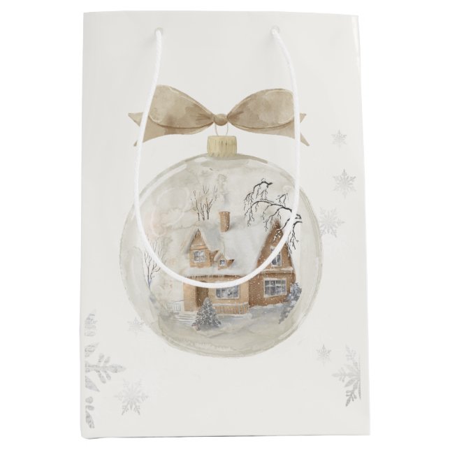 Aquarellhaus in Snow Globe Weihnachten Mittlere Geschenktüte (Vorderseite)