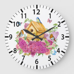 Aquarellhaus, Vögel und Lilac-Blume Große Wanduhr