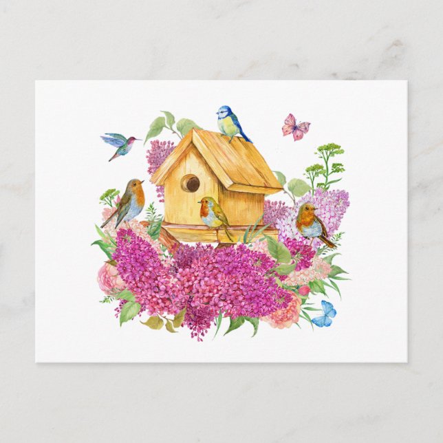 Aquarellhaus, Vögel und Lilac-Blume Postkarte (Vorderseite)