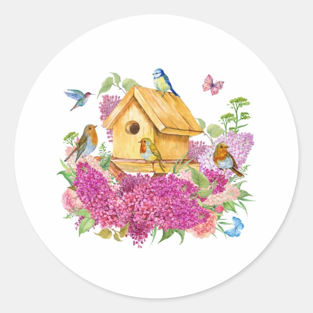 Aquarellhaus, Vögel und Lilac-Blume Runder Aufkleber (Vorderseite)