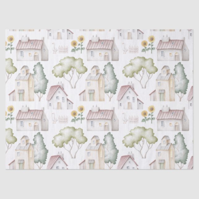 Aquarellhäuser, Bäume und Sonnenblumen - Dekoratio Seidenpapier (Vorderseite)