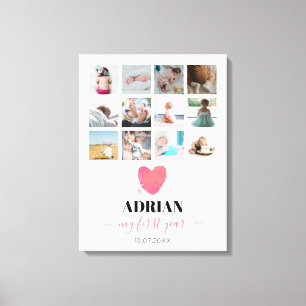 Aquarellherz Baby's First Year Foto Collage Leinwanddruck