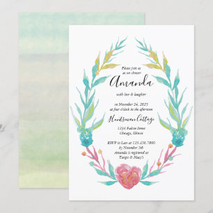 Aquarellherz und Blätter Brautparty Kranz Einladung
