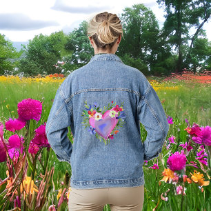Aquarellherz und Blume Jeansjacke