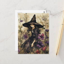 Aquarellhexe mit Blume Postkarte