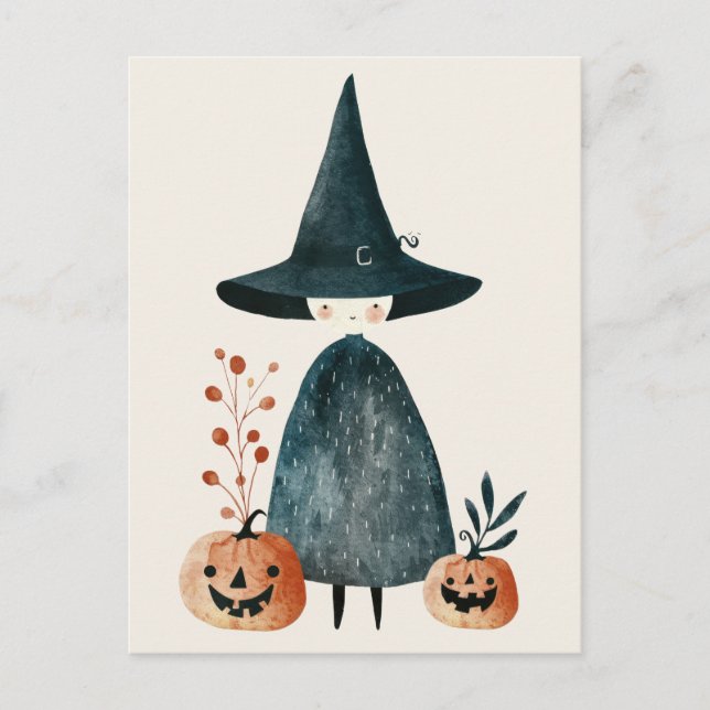 Aquarellhexe und Jack-o-Laternen Niedlich Hallowee Postkarte (Vorderseite)