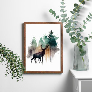 Aquarellhirsch in Wald Bäumen Natur Poster