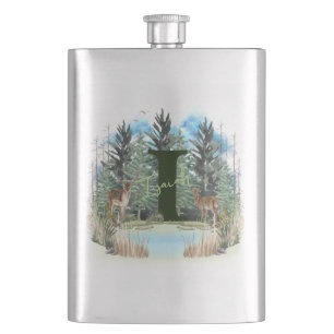 Aquarellhirsch personalisierter Monogramm Buchstab Flachmann