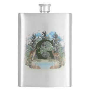 Aquarellhirsch personalisierter Monogramm Buchstab Flachmann