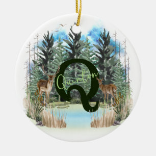 Aquarellhirsch personalisierter Monogramm Buchstab Keramik Ornament