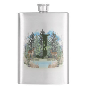 Aquarellhirsch personalisiertes Monogramm Buchstab Flachmann