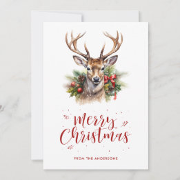 Aquarellhirsch Stechpalme Schnee Frohe Weihnachten