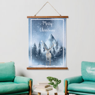 Aquarellhirsch und Schnee individuell  Wandteppich Mit Holzrahmen