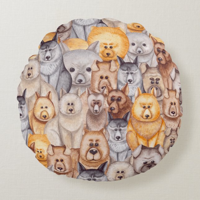 Aquarellhunde: Whimsikischer Nahkampf Rundes Kissen (Vorderseite)