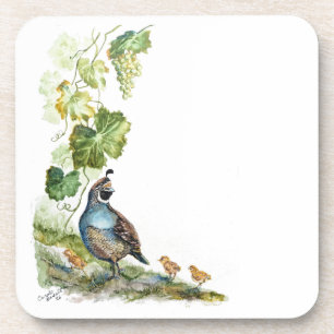 Aquarellierte Kalifornische Wachtelfamilie mit Tra Getränkeuntersetzer