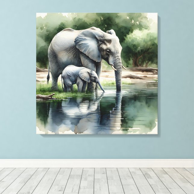 Aquarellillustration von Mama und Baby Elephant Leinwanddruck (Insitu (Holzboden))