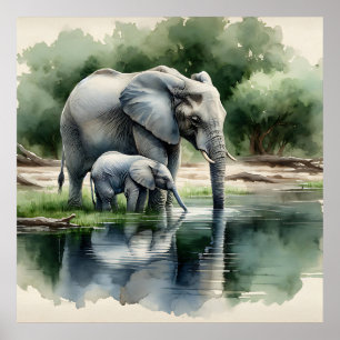 Aquarellillustration von Mama und Baby Elephant Poster