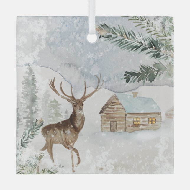 Aquarellirsche im Winterwald Weihnachten Ornament Aus Glas (Vorderseite)