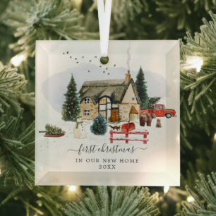 Aquarellkabine Erste Weihnachts-Zuhause Ornament Aus Glas
