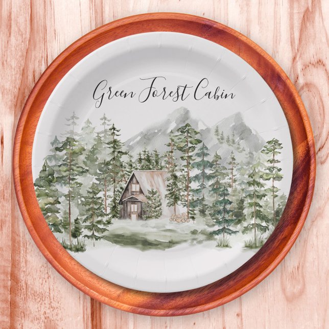 Aquarellkabine im grünen Pinienwald Pappteller (In situ)