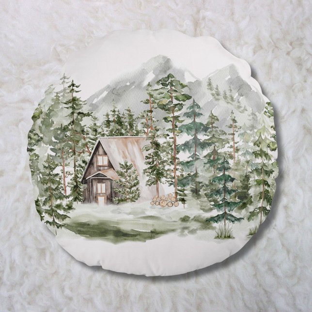 Aquarellkabine im grünen Pinienwald Rundes Kissen (In situ)