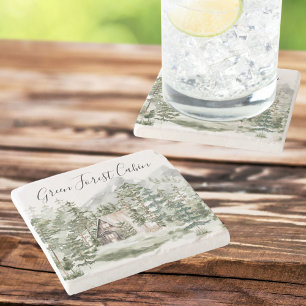 Aquarellkabine im grünen Pinienwald Steinuntersetzer