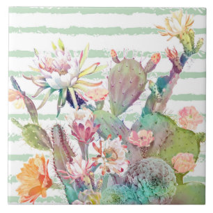 Aquarellkaktus, Blumenmuster und Streifen Fliese
