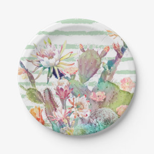 Aquarellkaktus, Blumenmuster und Streifen Pappteller